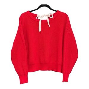 Zara Knit Red Ribbed Pullover Sweater Tie Back Detail Relaxed Fit Womens Medium